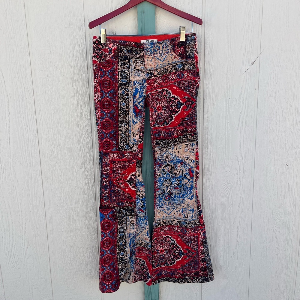 Free People Pull On Corduroy Penny Paisley Patchwork Pants Red Blue Size 25